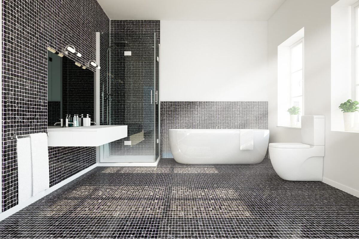 Spacious bathroom in Rock Hill, SC, featuring elegant black tile installation for a sophisticated look.